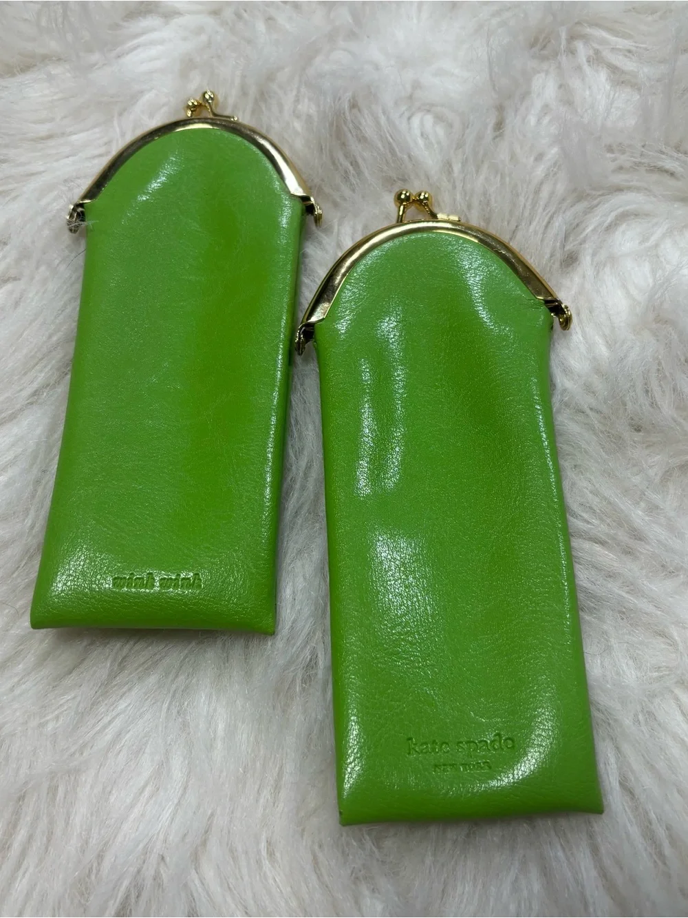 2 Kate Spade Bright Lime Green Leather Kiss-Lock Eyewear Case with Gold Hardware